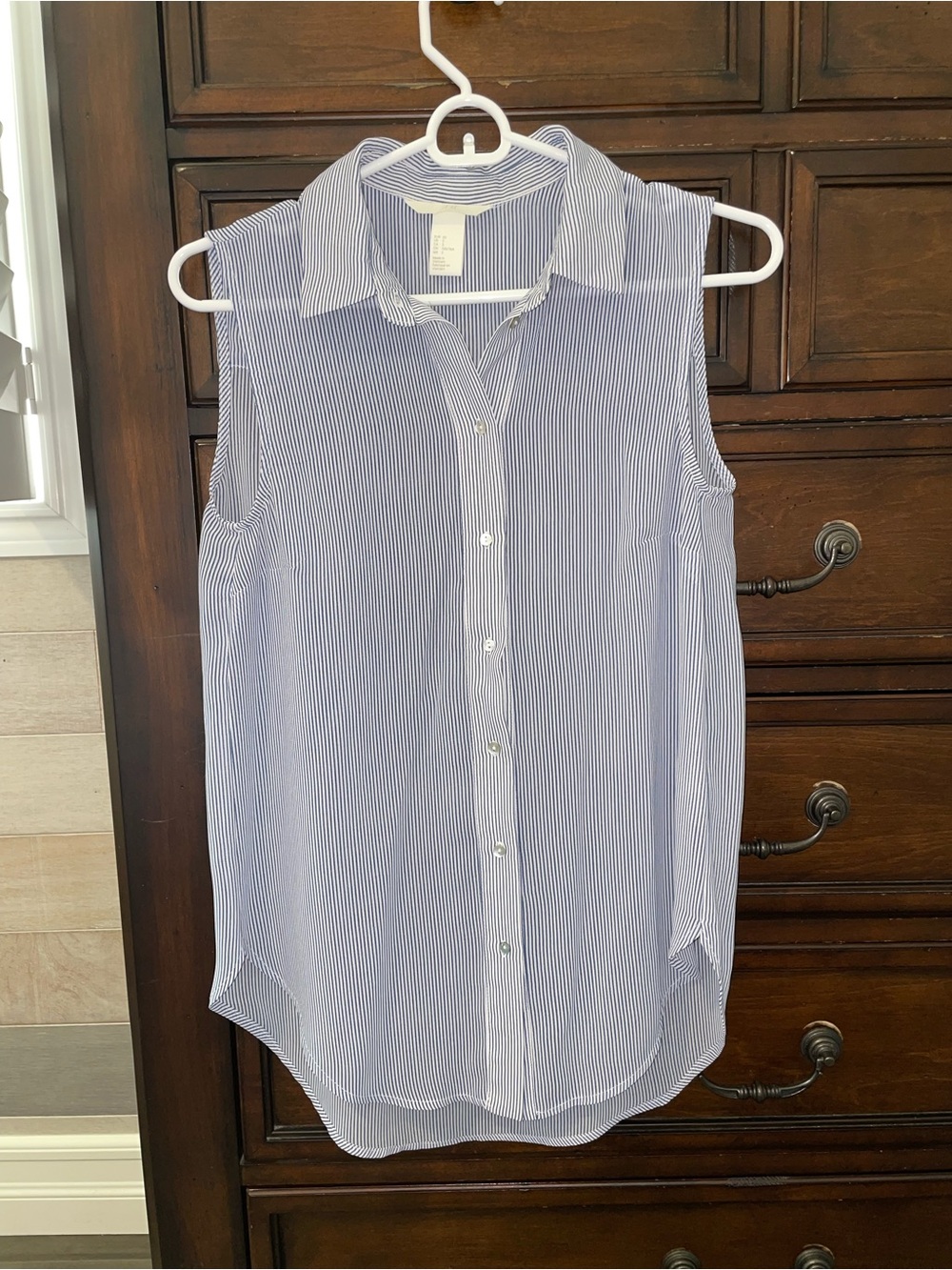 H&M Blue and White Pinstripe Sleeveless Button-Down Shirt